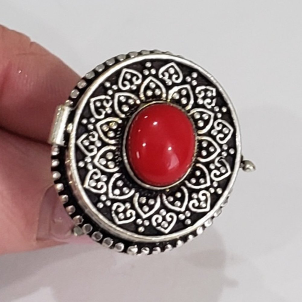 Coral Gemstone, Large Handmade 925 Silver Poison Vintage Goth Punk Ring